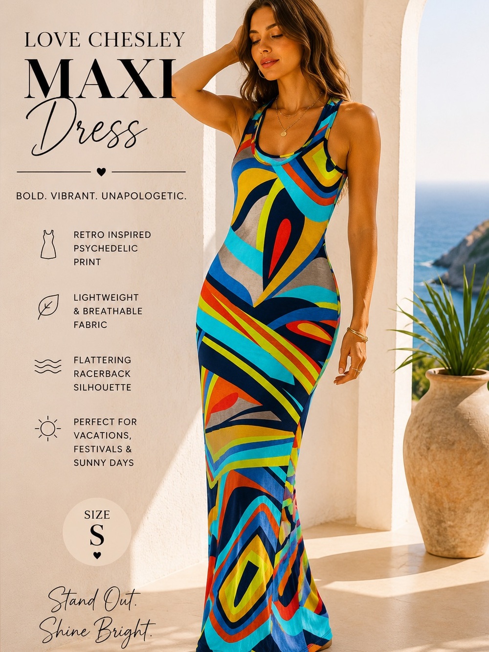 🌈✨ Chesley Psychedelic Multicolor Racerback Maxi Dress — Blue, Yellow, Red